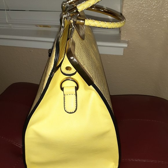 Yellow Structured Bag with Gold Trim Handle - Picture 5 of 8